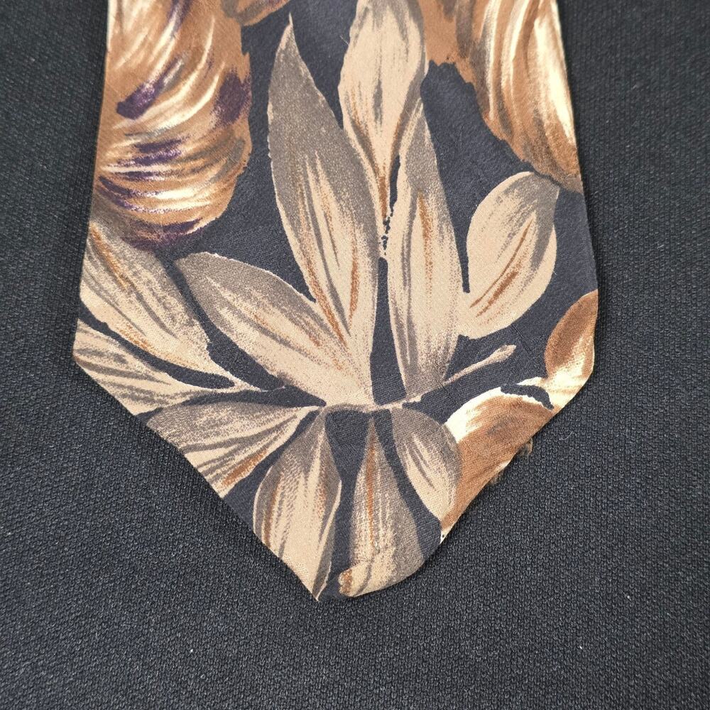 TREE Men's Black Brown Silk Abstract Botanical Leaf Pattern Tie